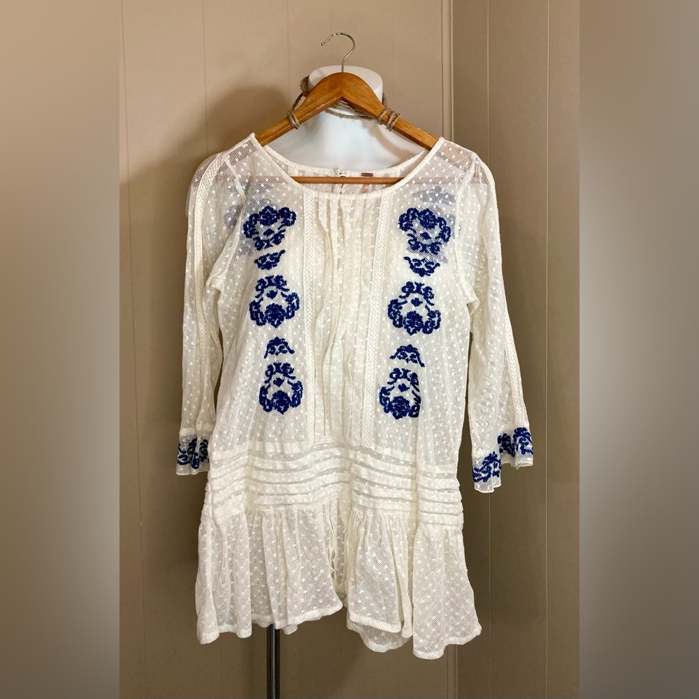 Free People Cream Lace 3/4 Sleeve Embroidered Tunic Size Small